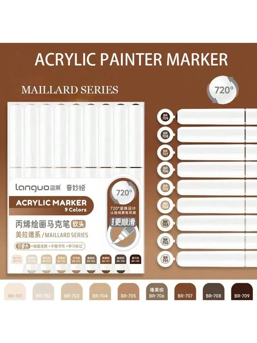 Languo 9pcs/box Soft Brush Acrylic Marker Pen Set,DIY Hand Drawn,Paint Art Markers pens,Student Graffiti Acrylic Paint Pens,M720