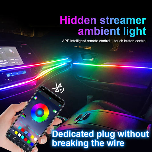 18 in 1 64 Color RGB Symphony Car Ambient Light Interior Acrylic Guide LED Strip Light Decoration Atmosphere Lamp by APP Control