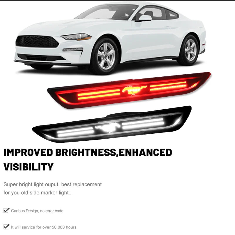 2pcs Car LED Rear Side Marker Light Reflectors For Ford Mustang 2015-2023, Red Rear Fender Bumper side Marker Lamps Assembly