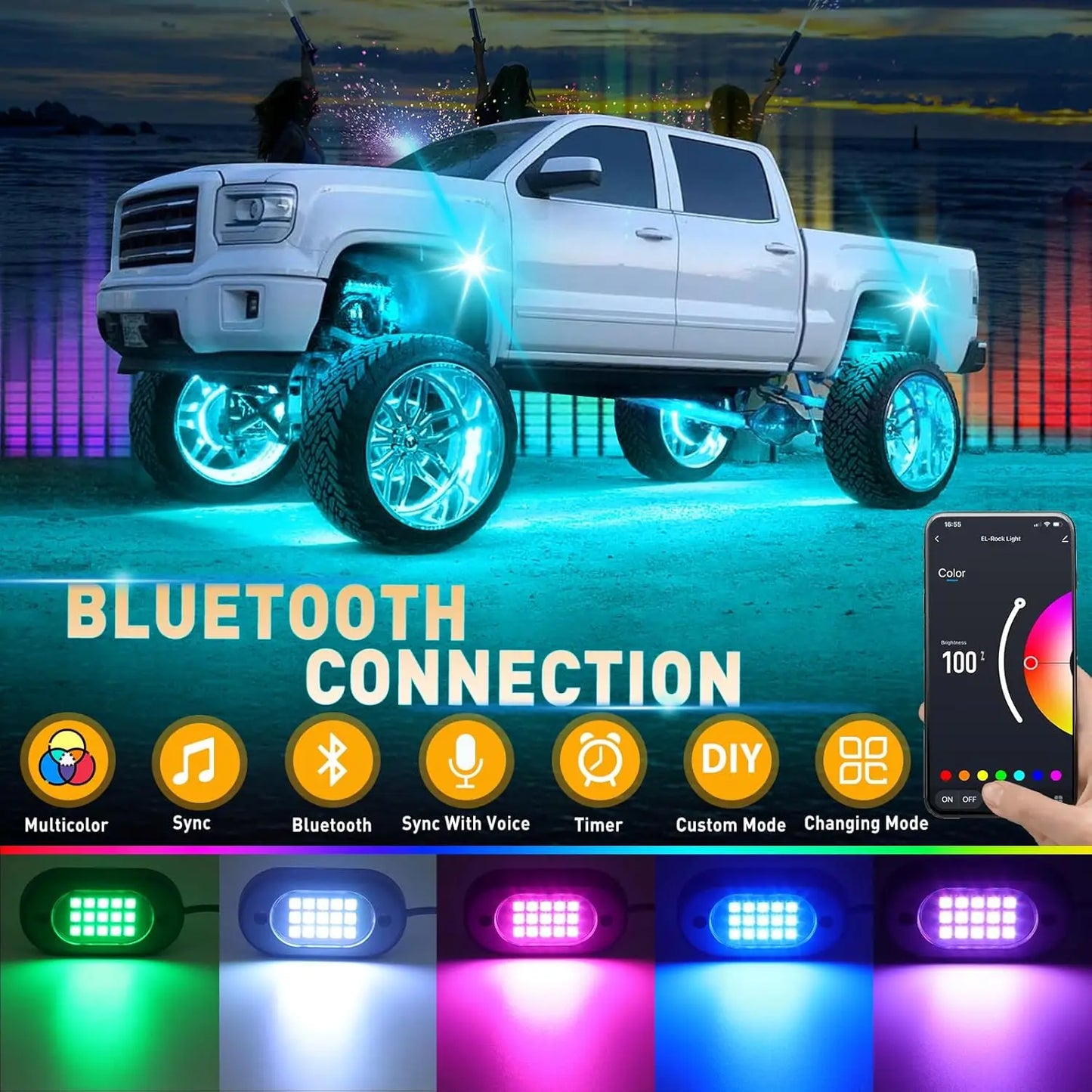 YiLaie 4/6/8/10/12 pods RGB LED Rock Light APP Control Music Neon Car Underglow Chassis Light for Offroad Truck SUV Rock Lights