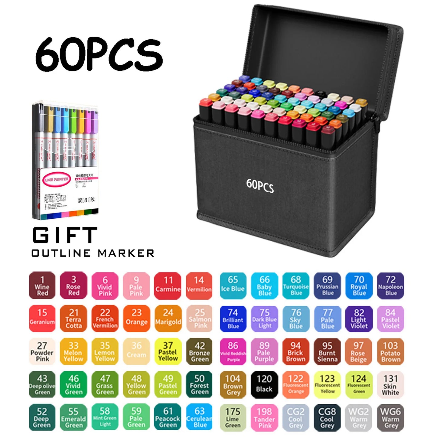 24/36/48/60/80/120/168 Colors Double Tip Permanent Art Marker pens for Drawing Painting Sketching Comics Design School Supplies