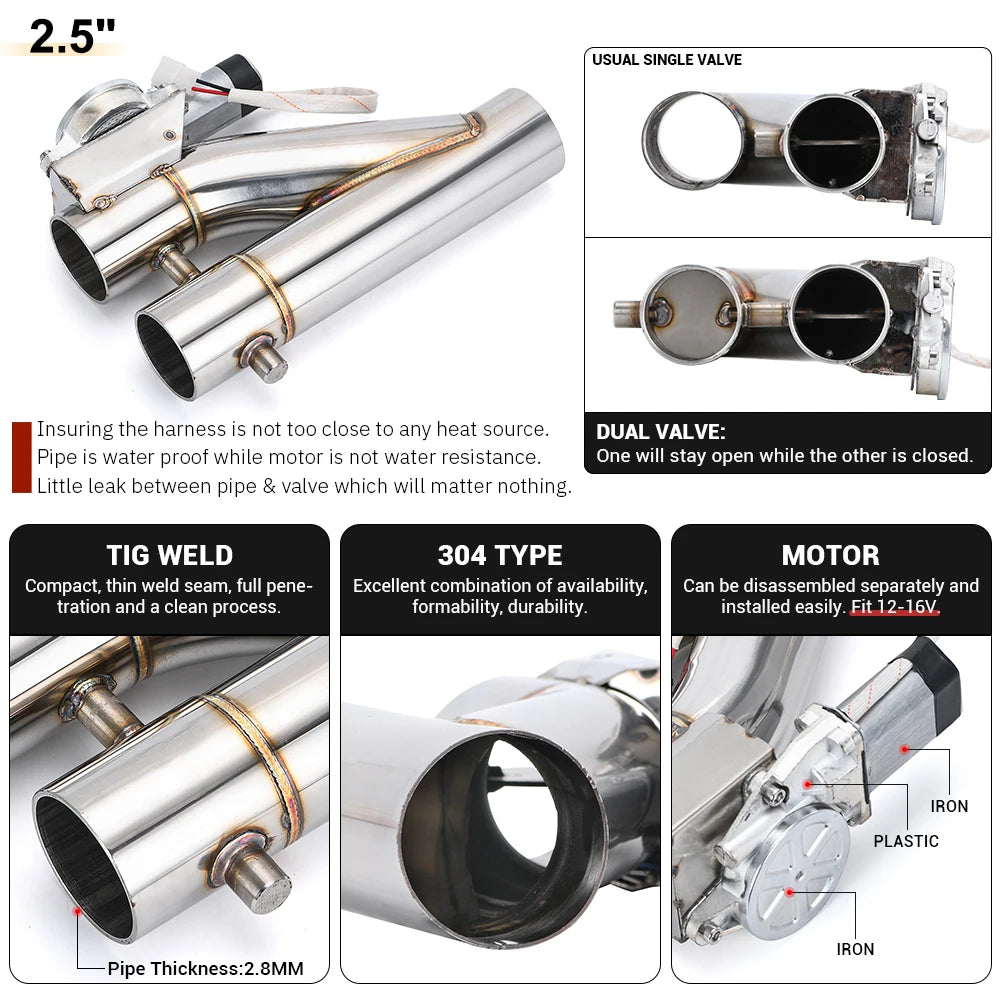 Universal Stainless Steel 304 2.0" 2.25" 2.5" 3" Dual-Valve Electric Exhaust Downpipe Cutout With Remote Wireless Accessories