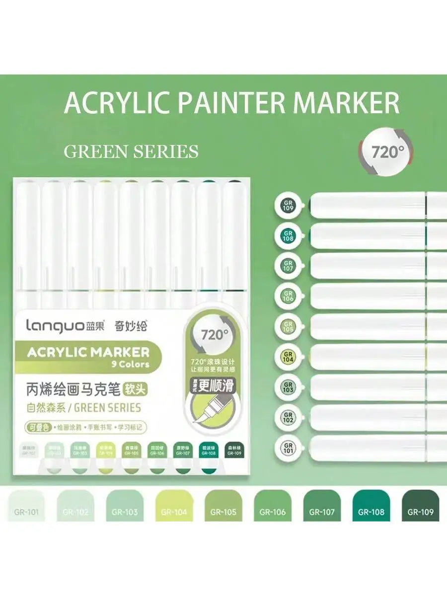 Languo 9pcs/box Soft Brush Acrylic Marker Pen Set，DIY Hand Drawn,Paint Art Markers pens,Student Graffiti Acrylic Paint Pens,M720