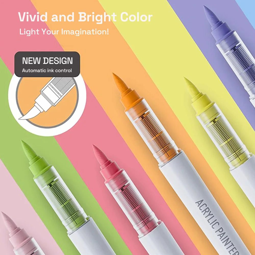 Automatic Ink Control Acrylic Paint Markers, 9 pcs Brush Tip Acrylic Paint Pens set with 7 professional color series