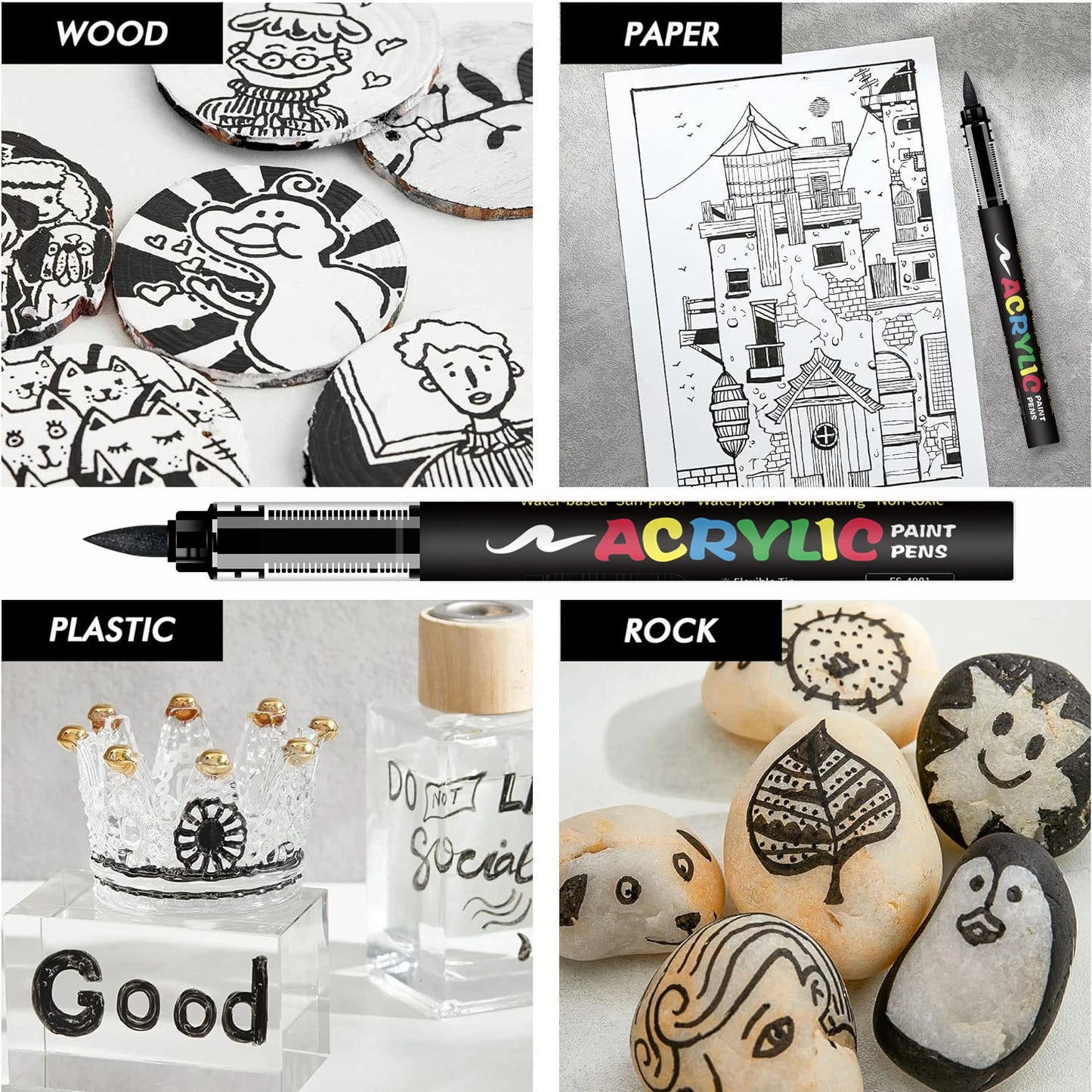 8pcs Black and White Acrylic Paint Markers Set, Large Ink Capacity, Acrylic Markers for Illustration Sketching, Wood, Glass, Fab