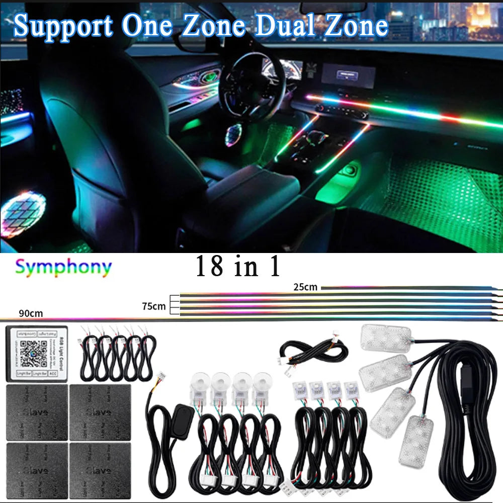 14/18 in 1 Led Acrylic Car Ambient Light RGB 64 213 Color Symphony Acrylic APP Streamer Atmosphere Lamp Kit One Zone Dual Zone