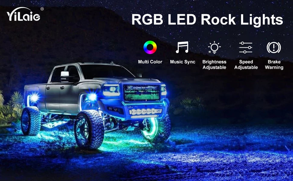 YiLaie 4/6/8/10/12 pods RGB LED Rock Light APP Control Music Neon Car Underglow Chassis Light for Offroad Truck SUV Rock Lights