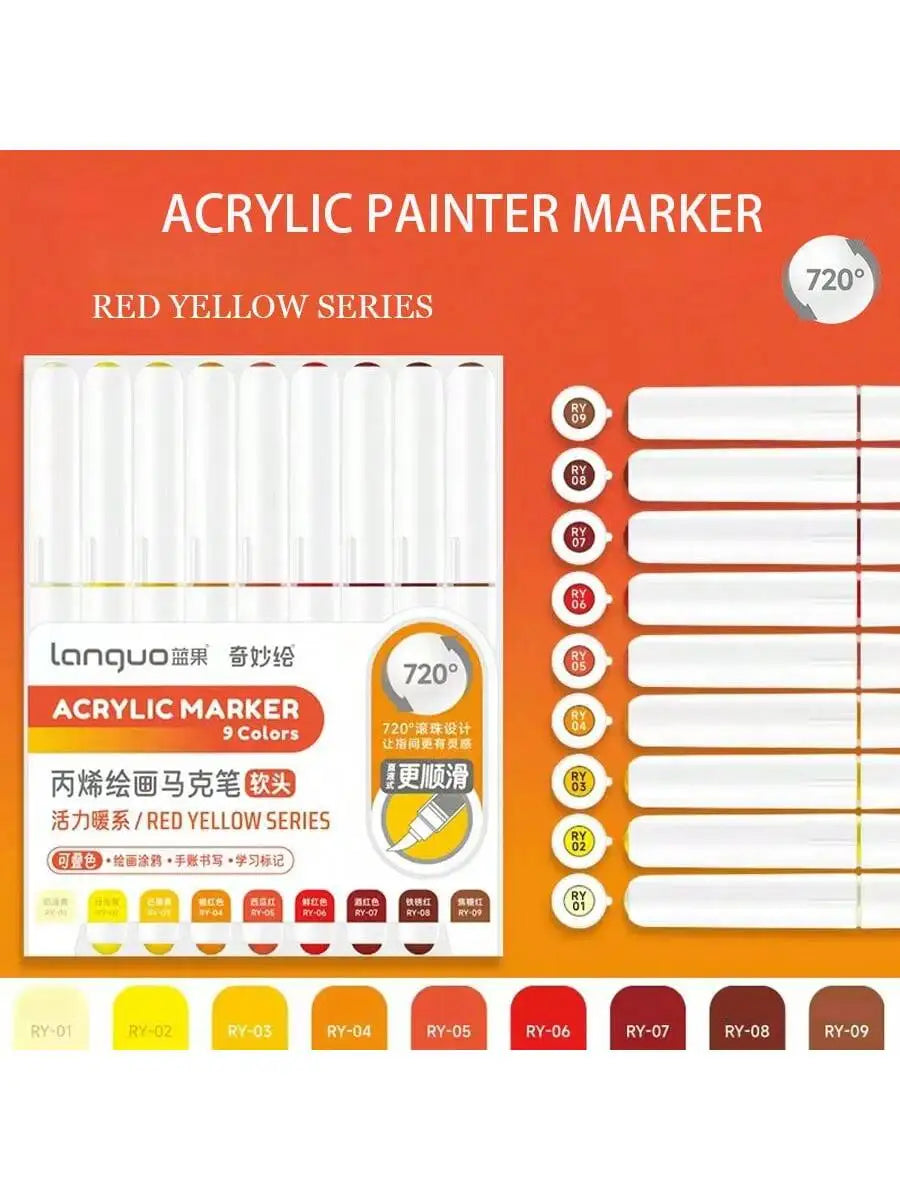 Languo 9pcs/box Soft Brush Acrylic Marker Pen Set，DIY Hand Drawn,Paint Art Markers pens,Student Graffiti Acrylic Paint Pens,M720