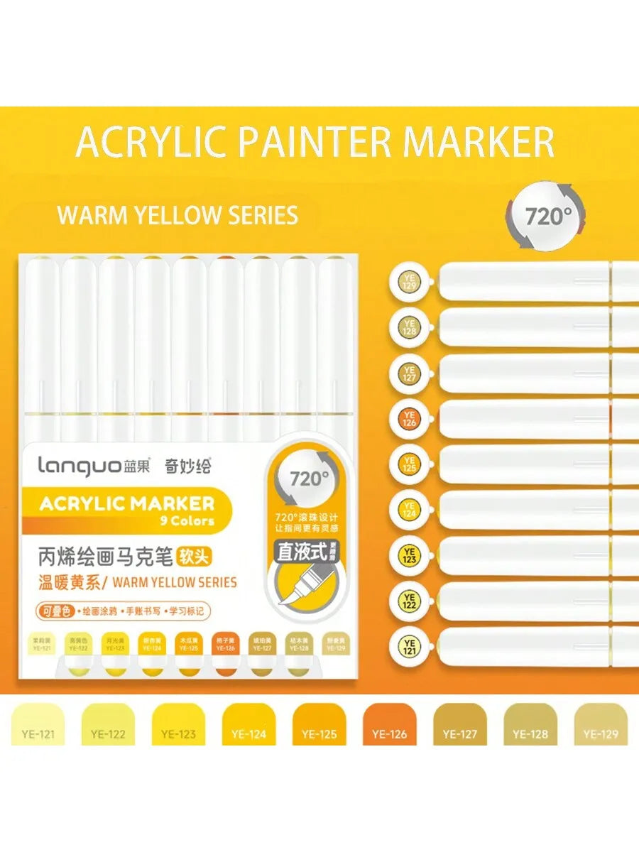 Languo 9pcs/box Soft Brush Acrylic Marker Pen Set，DIY Hand Drawn,Paint Art Markers pens,Student Graffiti Acrylic Paint Pens,M720