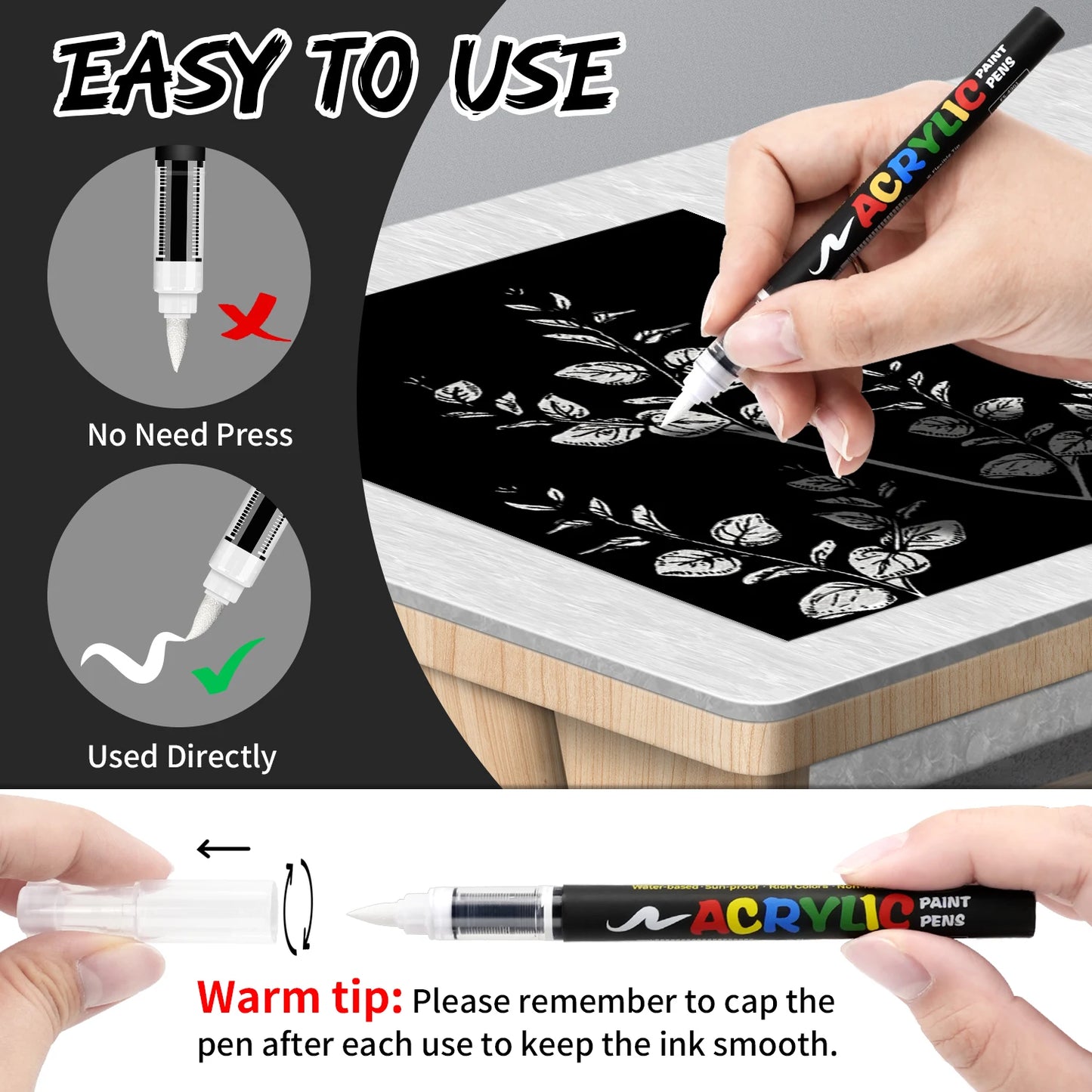 8pcs Black and White Acrylic Paint Markers Set, Large Ink Capacity, Acrylic Markers for Illustration Sketching, Wood, Glass, Fab