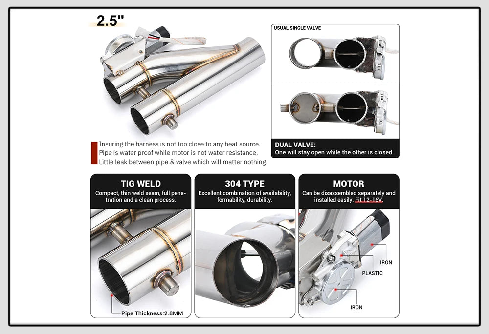 Universal Stainless Steel 304 2.0" 2.25" 2.5" 3" Dual-Valve Electric Exhaust Downpipe Cutout With Remote Wireless Accessories