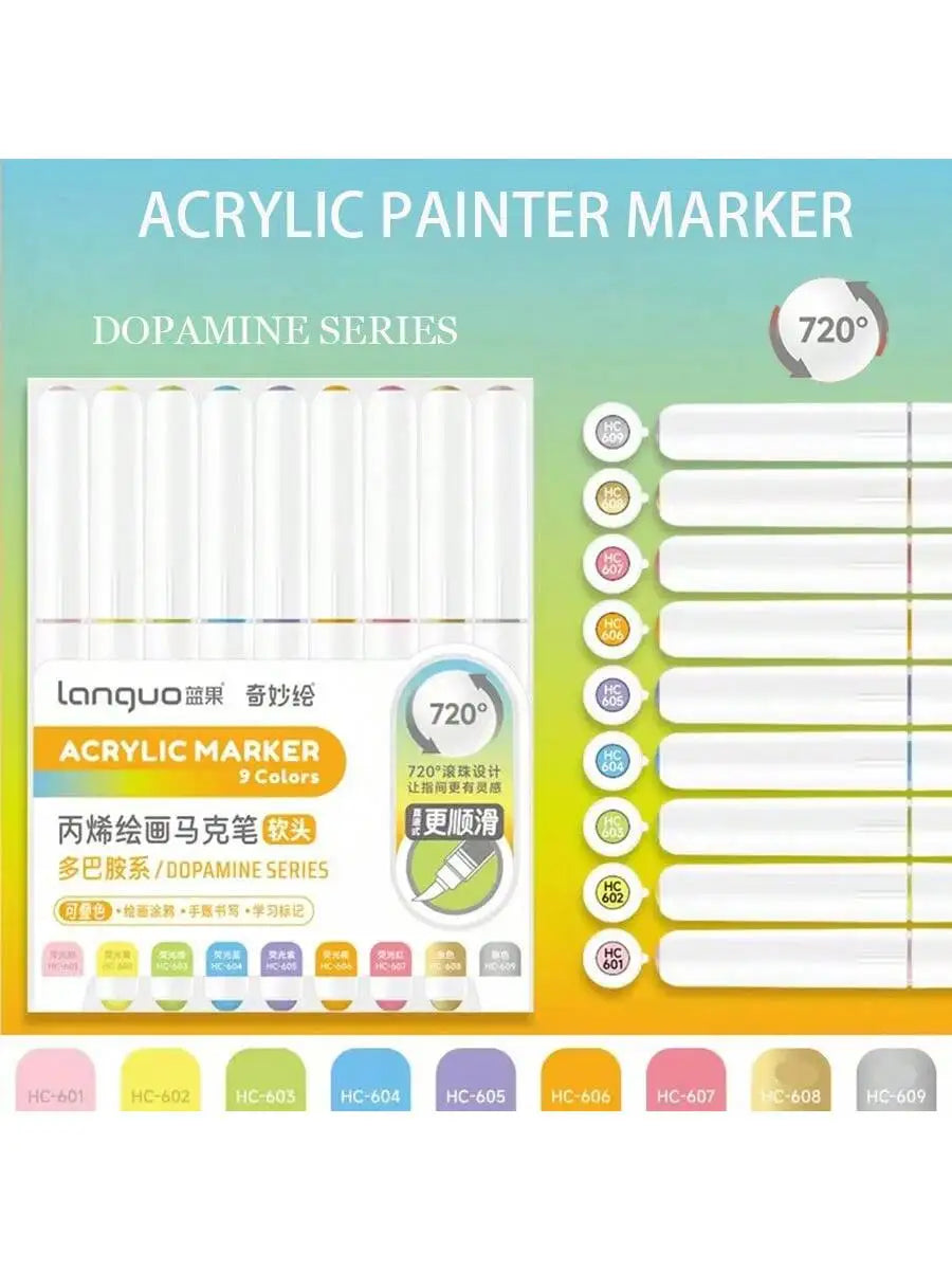 Languo 9pcs/box Soft Brush Acrylic Marker Pen Set，DIY Hand Drawn,Paint Art Markers pens,Student Graffiti Acrylic Paint Pens,M720