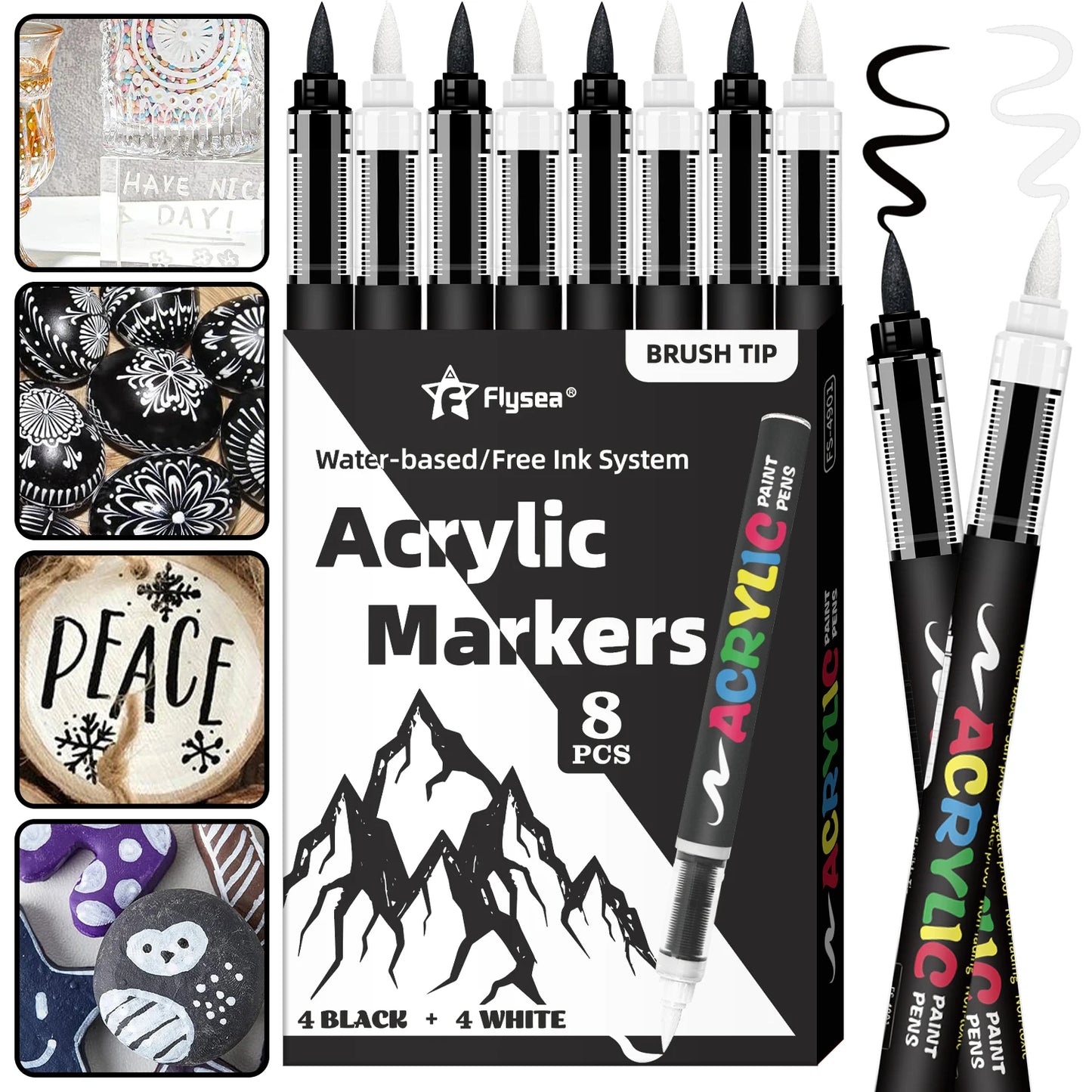 8pcs Black and White Acrylic Paint Markers Set, Large Ink Capacity, Acrylic Markers for Illustration Sketching, Wood, Glass, Fab