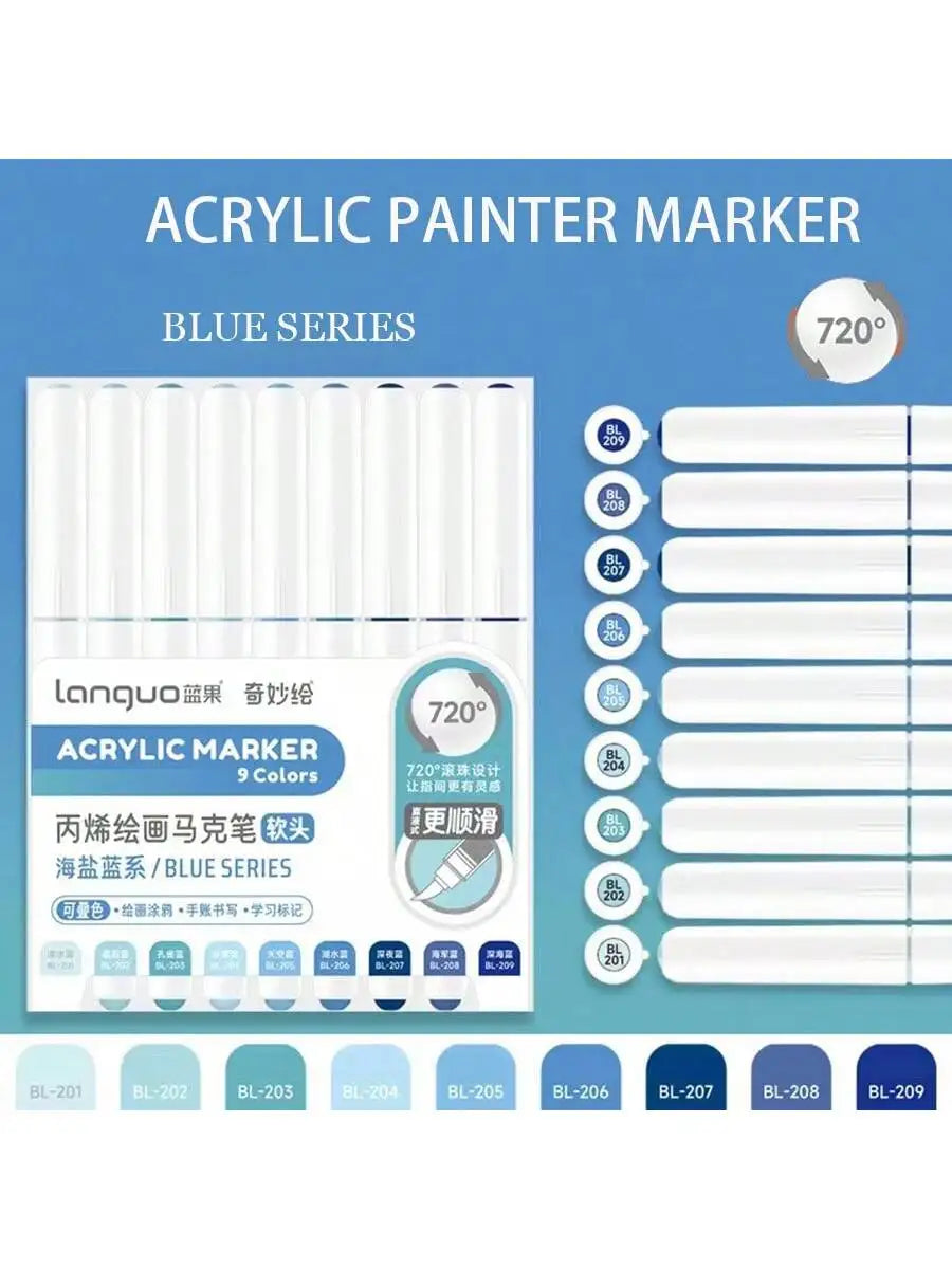 Languo 9pcs/box Soft Brush Acrylic Marker Pen Set，DIY Hand Drawn,Paint Art Markers pens,Student Graffiti Acrylic Paint Pens,M720