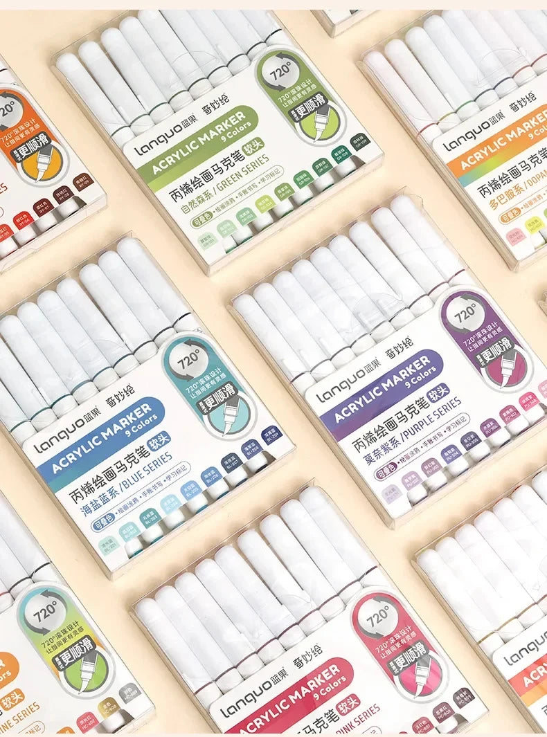 Languo 9pcs/box Soft Brush Acrylic Marker Pen Set，DIY Hand Drawn,Paint Art Markers pens,Student Graffiti Acrylic Paint Pens,M720