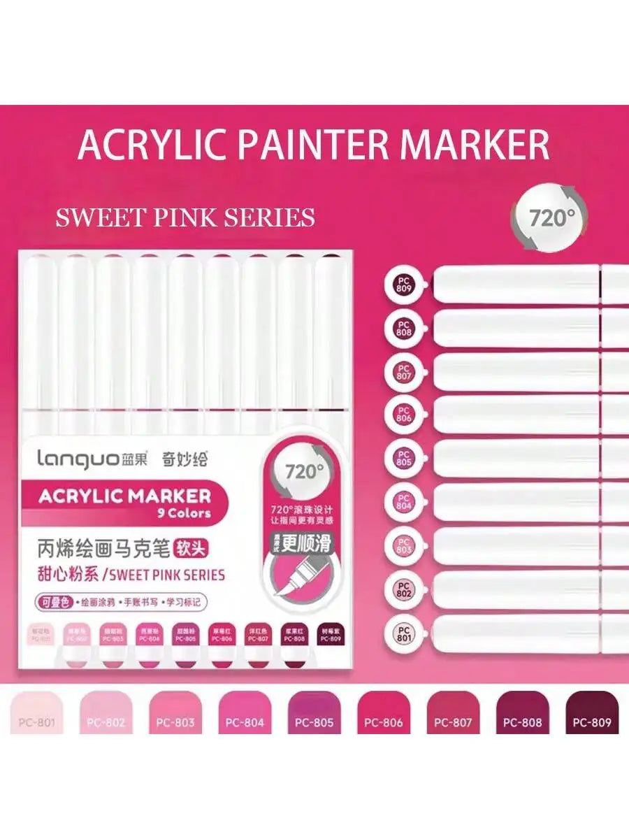 Languo 9pcs/box Soft Brush Acrylic Marker Pen Set，DIY Hand Drawn,Paint Art Markers pens,Student Graffiti Acrylic Paint Pens,M720