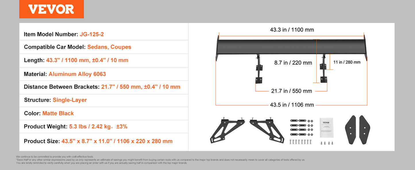 VEVOR GT Wing Car Spoiler 53.1 inch Universal Spoiler with Double Deck Car Rear Spoiler Wing, Racing Spoiler BGW/JDM Drift Black