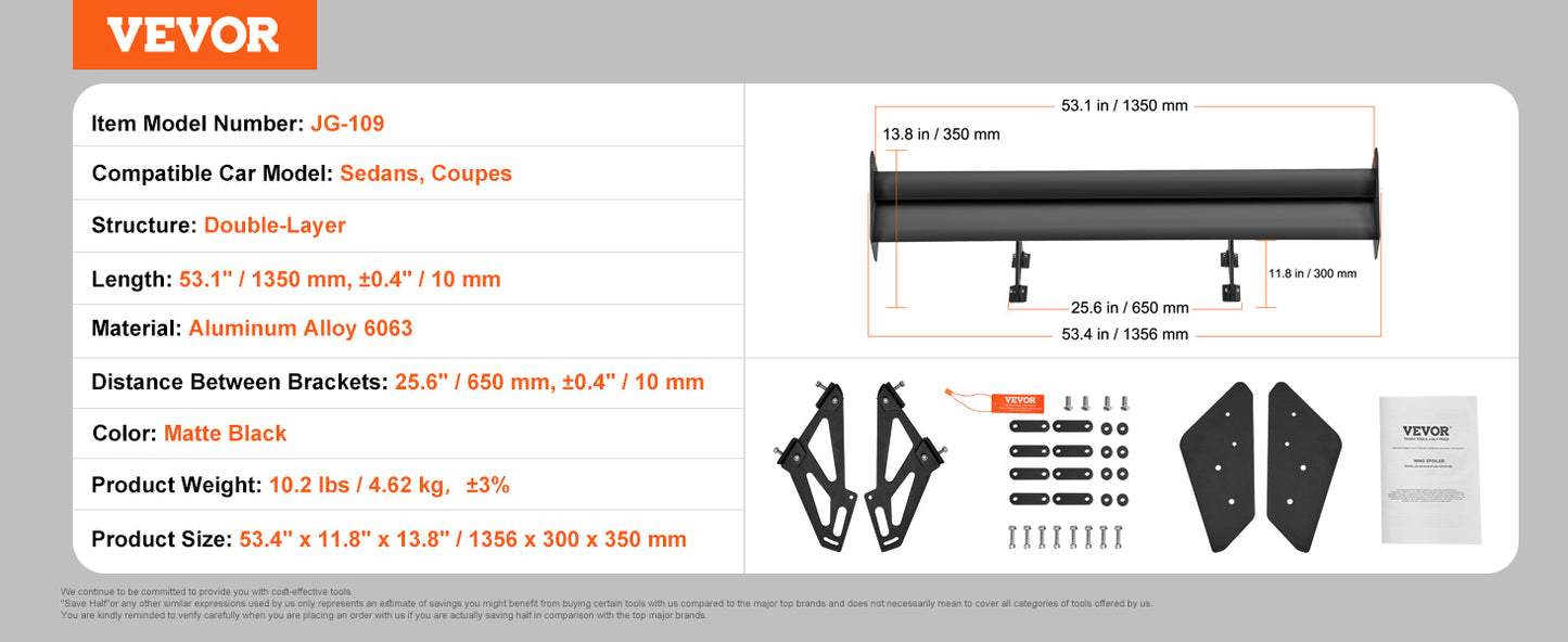 VEVOR GT Wing Car Spoiler 53.1 inch Universal Spoiler with Double Deck Car Rear Spoiler Wing, Racing Spoiler BGW/JDM Drift Black