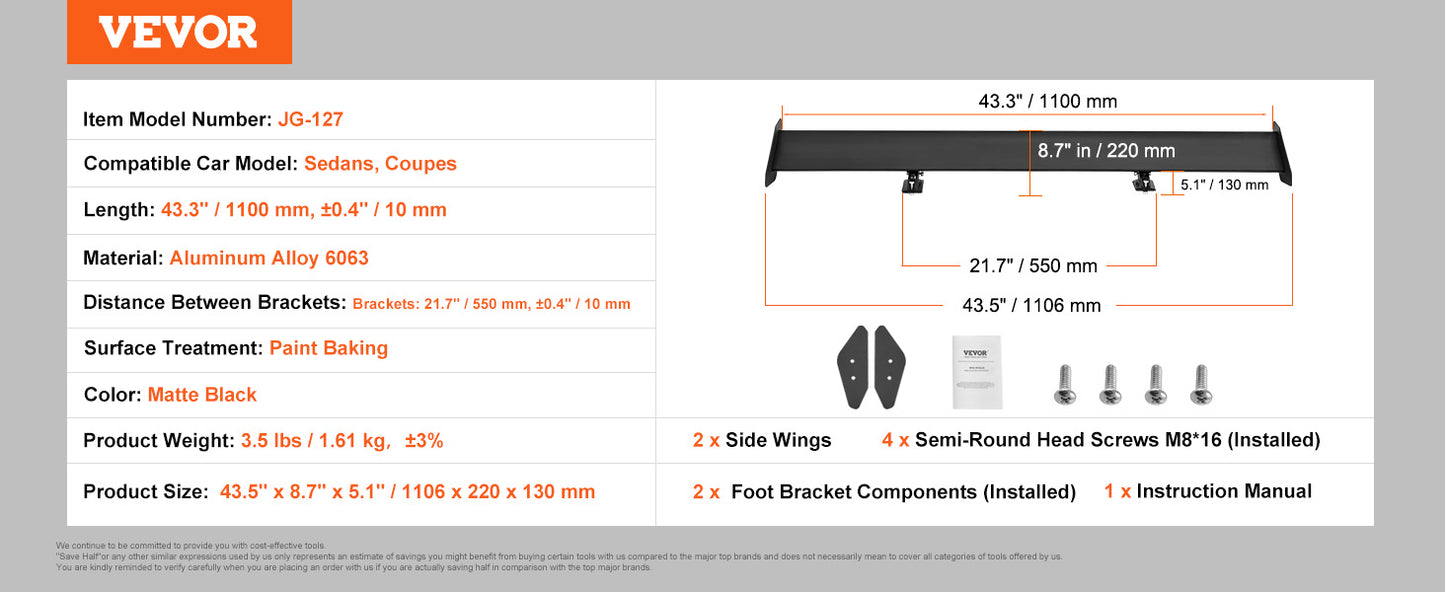 VEVOR GT Wing Car Spoiler 53.1 inch Universal Spoiler with Double Deck Car Rear Spoiler Wing, Racing Spoiler BGW/JDM Drift Black